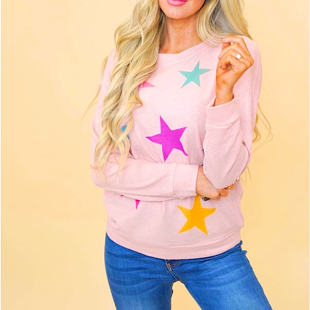 🆕🌿🩷PHIL LOVE: Baby Pink Multi Color Star Print Top SMALL